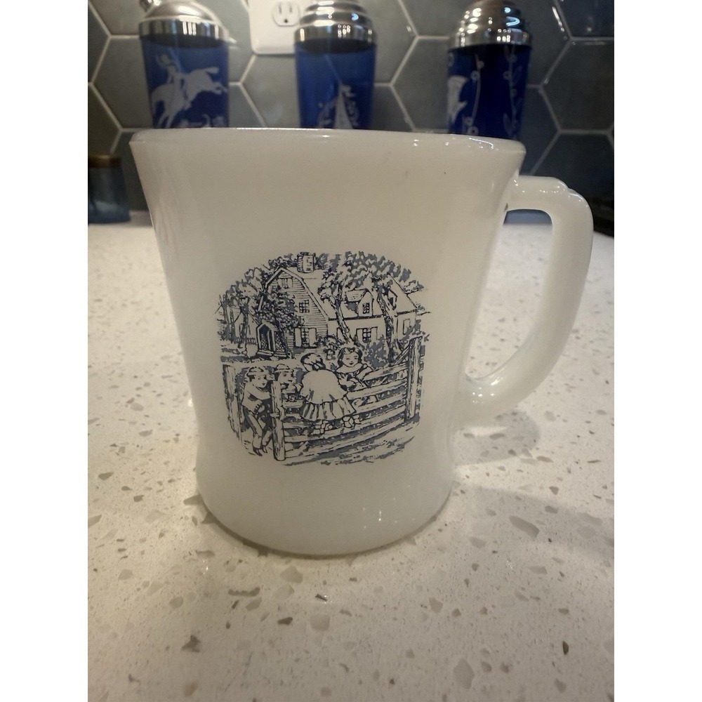Anchor Hocking Fire King Currier and Ives Mug Milk Glass
